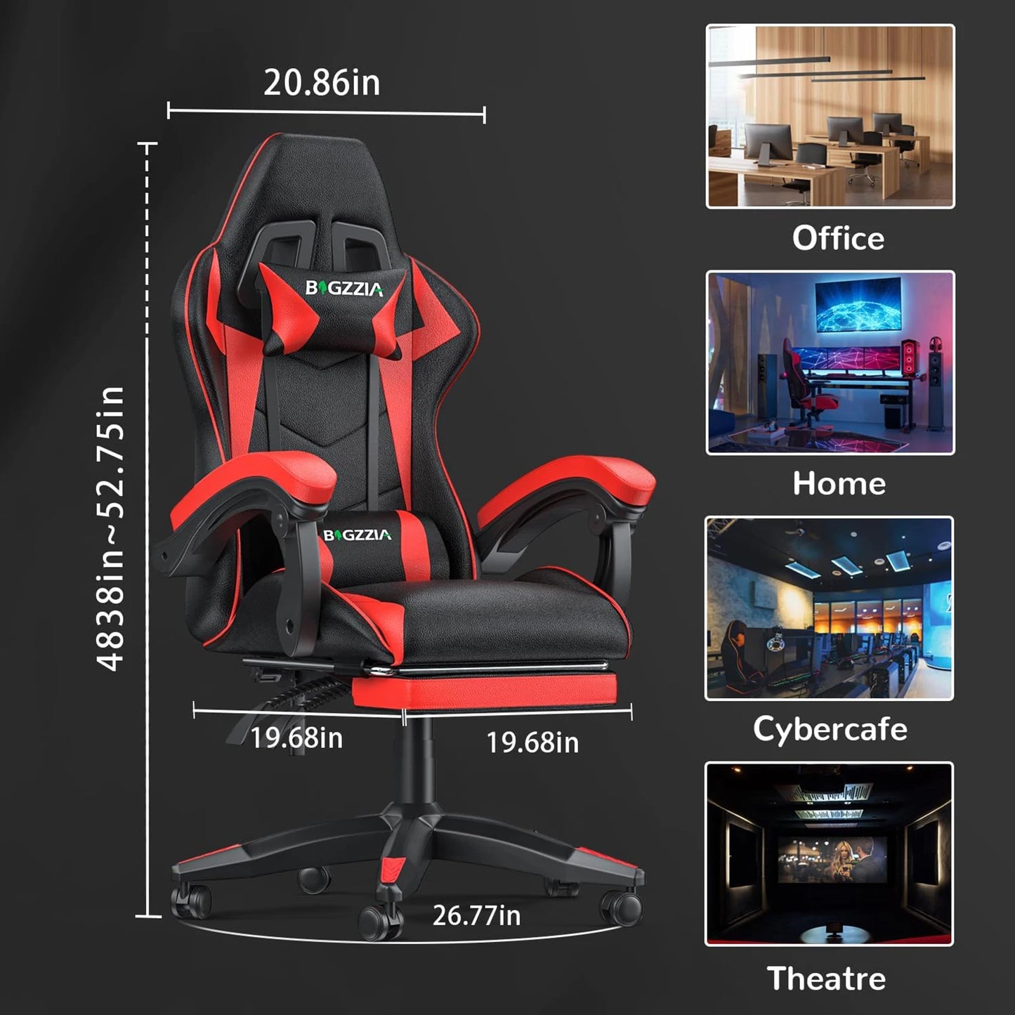 Bigzzia Gaming Chair with Footrest Gamer Chairs Ergonomic with Lumbar Cushion Headrest Chair Height Adjustable Office Chair