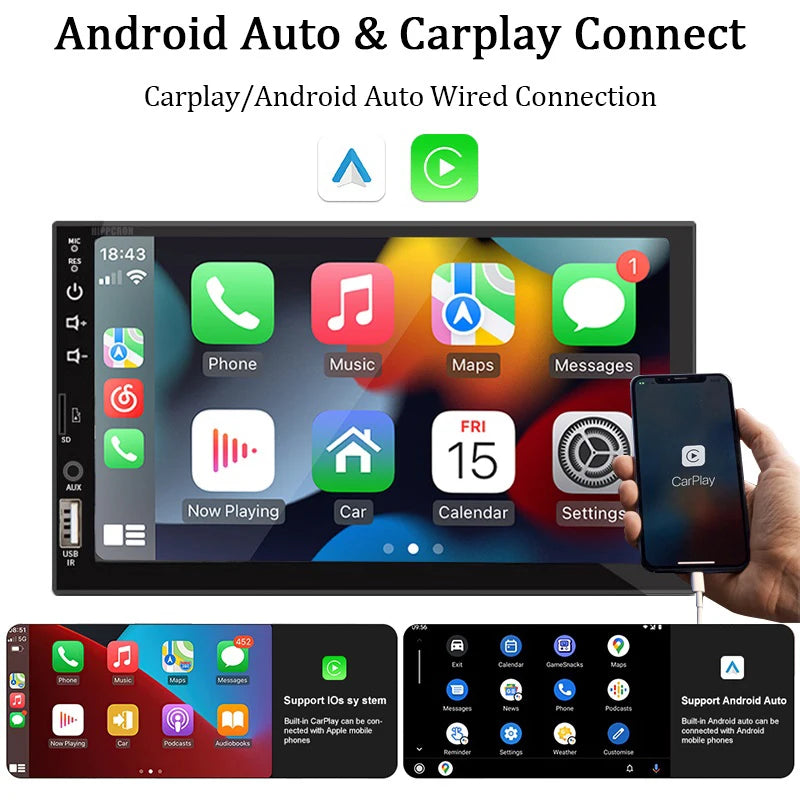 7“ Car Radio 1 Din Carplay Android Auto Multimedia Player HD Touch Screen FM AUX Input Bluetooth MirrorLink Universal Autoradio